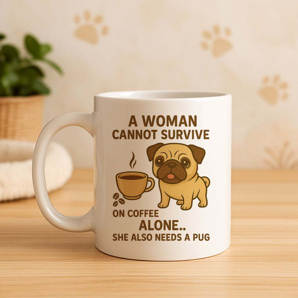 Pug Coffee Mug – A Woman Cannot Survive on Coffee Alone
