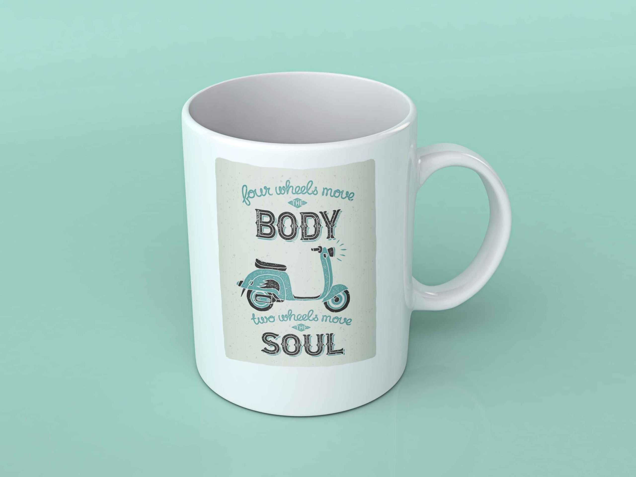 Four wheels move the body coffee mug