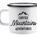 Coffee mountains adventures white enamel mug