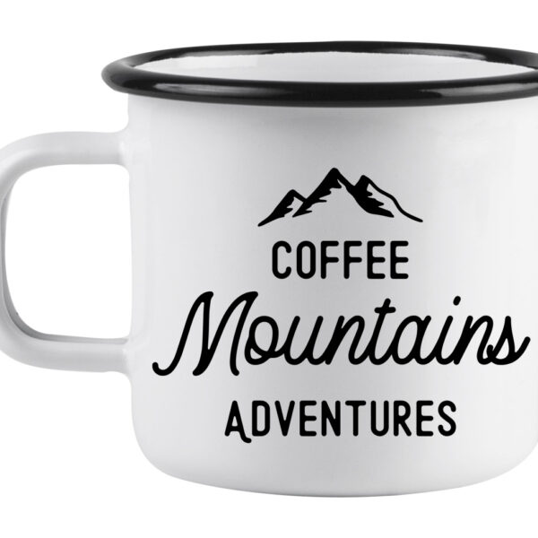 Coffee mountains adventures white enamel mug