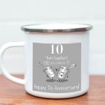 Happy tin year anniversary white tin enamel mug