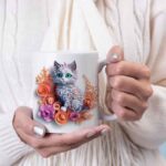 3D Kitten and flowers coffee mug