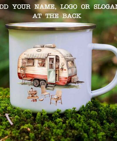 Enamel mug camper and chairs