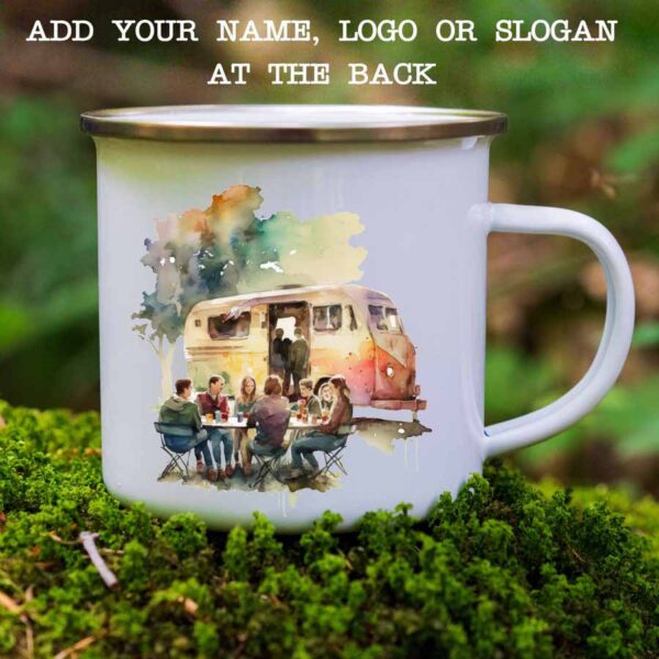 Enamel mug camping scene and vw camper