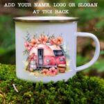 Enamel mug pink camper and flowers