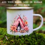 Enamel mug pink tent and flowers 2
