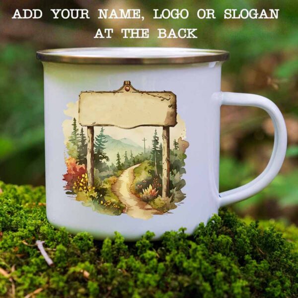 Enamel mug sign and road