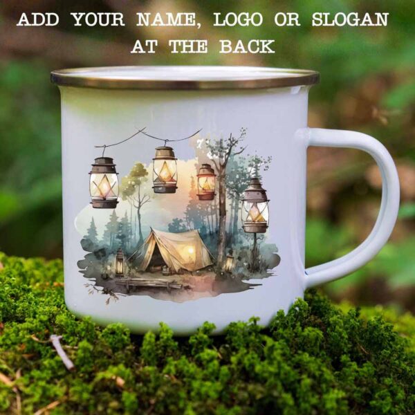 Enamel mug tent and lanterns