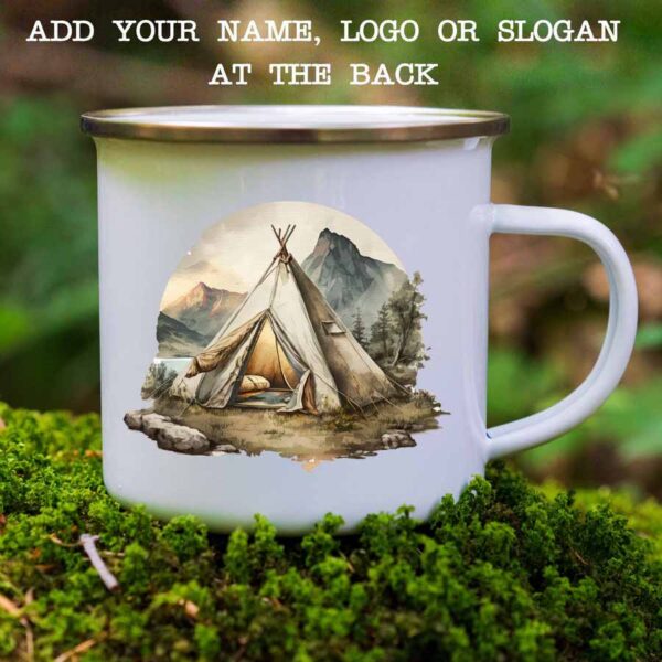 Enamel mug tent and mountain 1