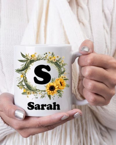 Sunflower wreath initial and name mug