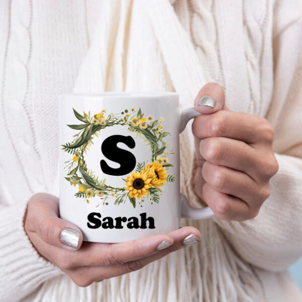 Sunflower wreath initial and name mug