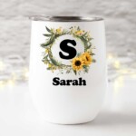 Wine tumbler sunflower initial and name