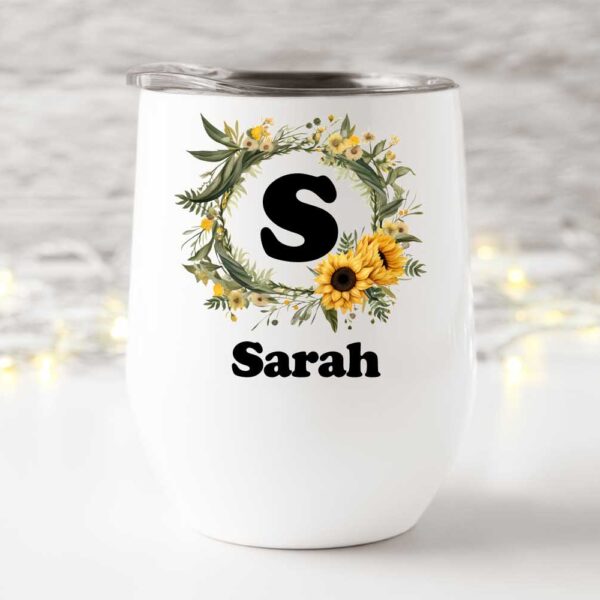 Wine tumbler sunflower initial and name