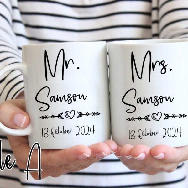 Mr and Mrs coffee mugs with stick figure