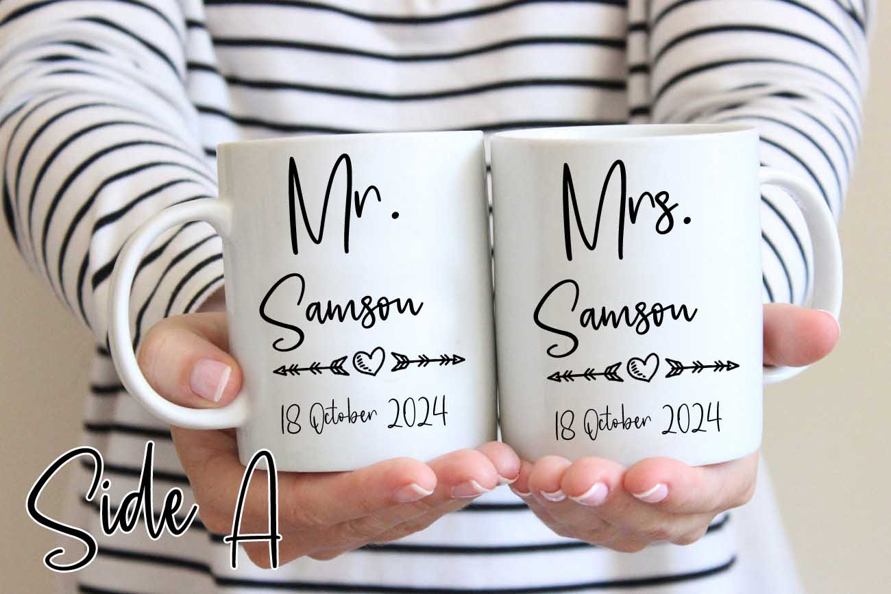 Mr and Mrs coffee mugs with stick figure