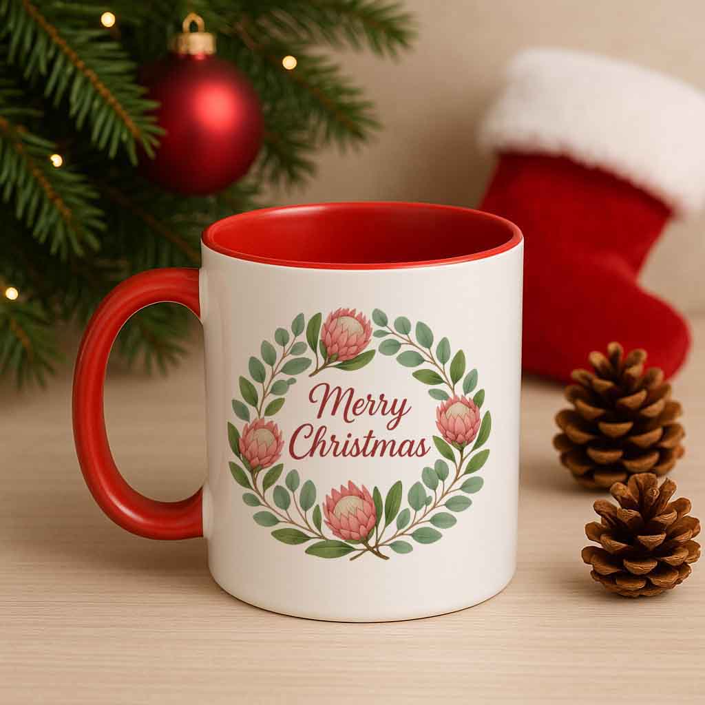 Christmas mug pink protea wreath