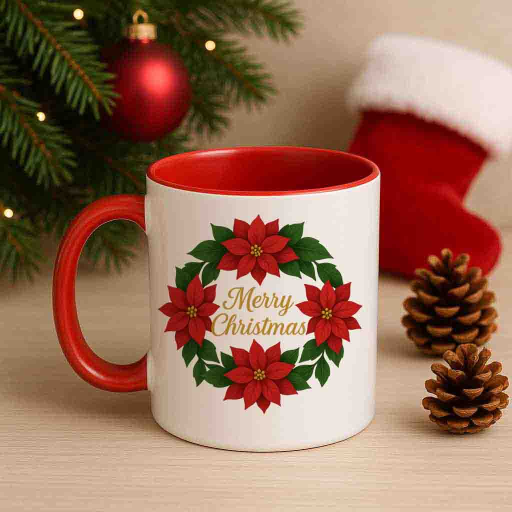 Christmas mug poinsettia wreath