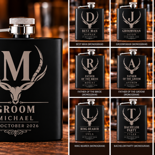 Personalised Wedding Monogram Hip Flasks