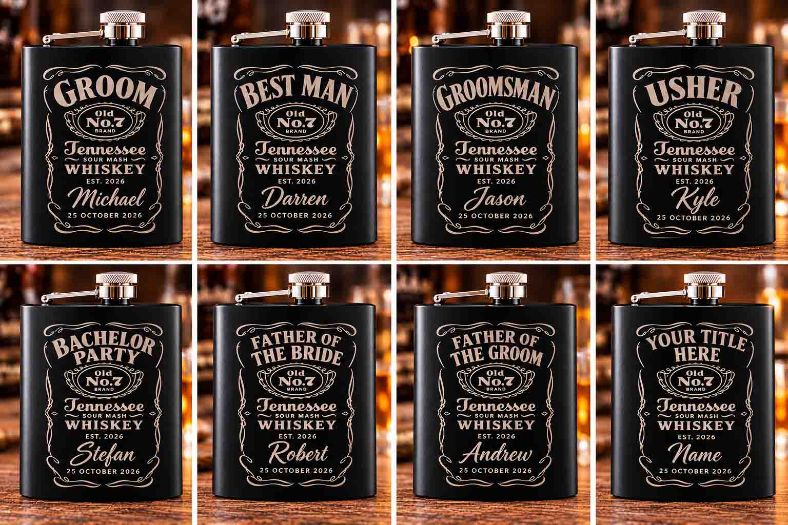 Personalised wedding Whiskey Label Hip Flasks